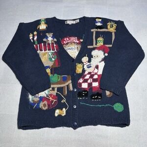 Vintage Lauren Hansen Knit Cardigan Womens Medium Santas Workshop Christmas Toys